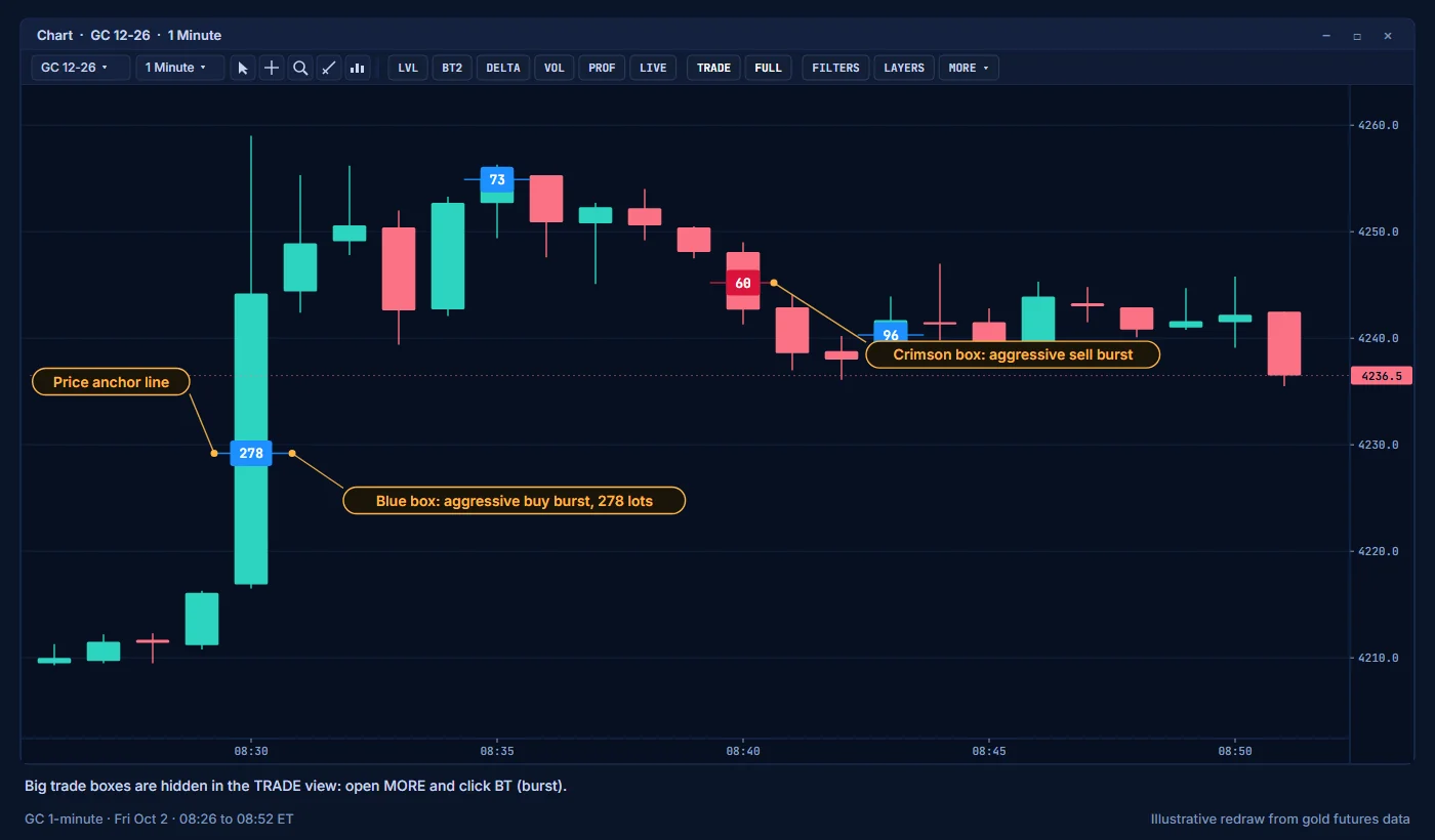 Big trade boxes on a GC chart