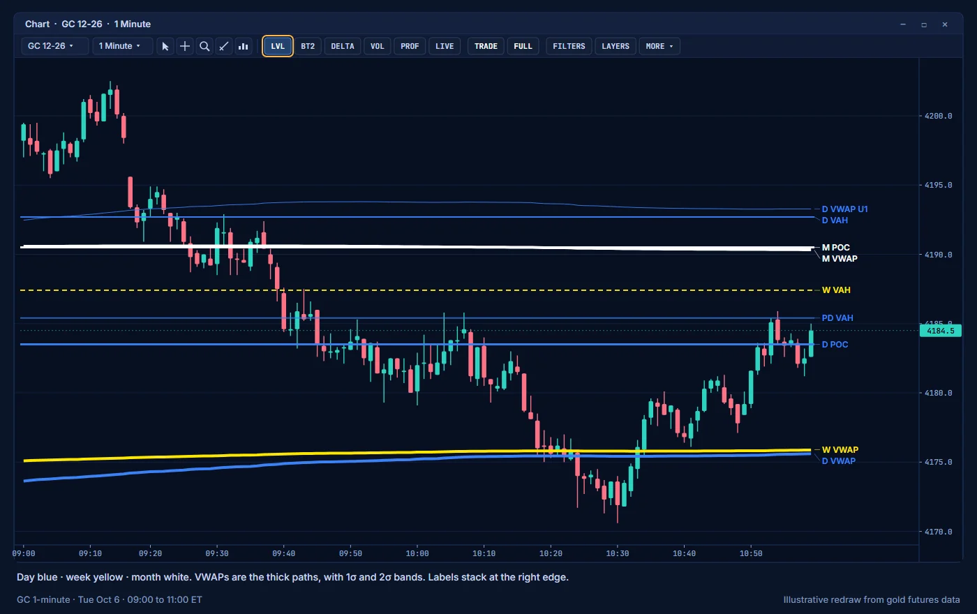 Profile levels, VWAPs and the label column on a GC chart