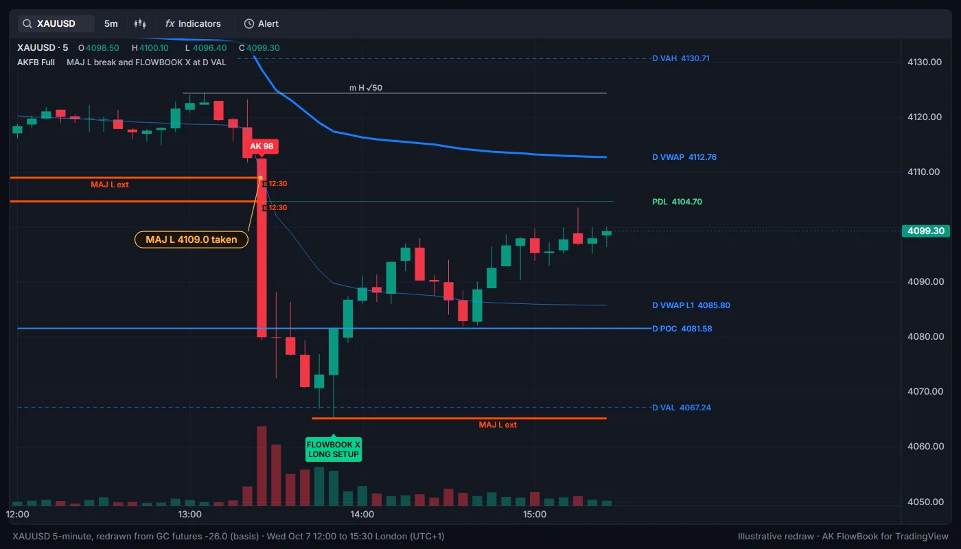 5-minute chart from 12:00 to 15:30 London: the MAJ L break at 13:25 on a very large volume bar, the low at the day's value area low, FLOWBOOK X and the rebound