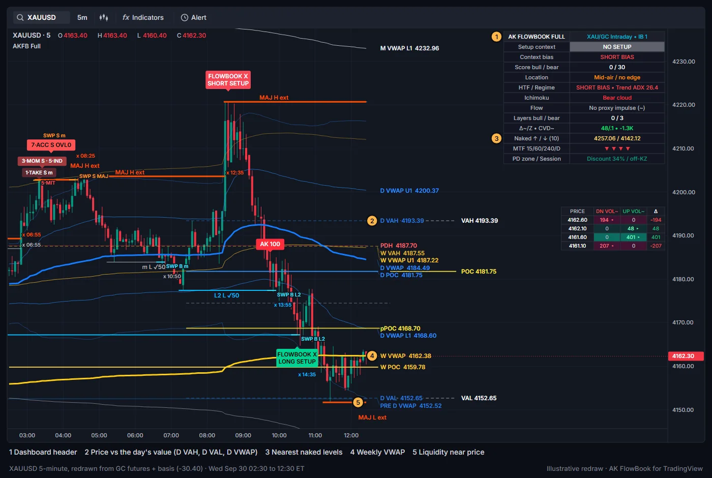 AK FlowBook Full on a 5-minute XAUUSD chart with default settings