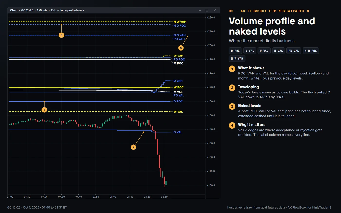 Volume profile levels and naked levels: AK FlowBook for NinjaTrader 8, real gold futures example