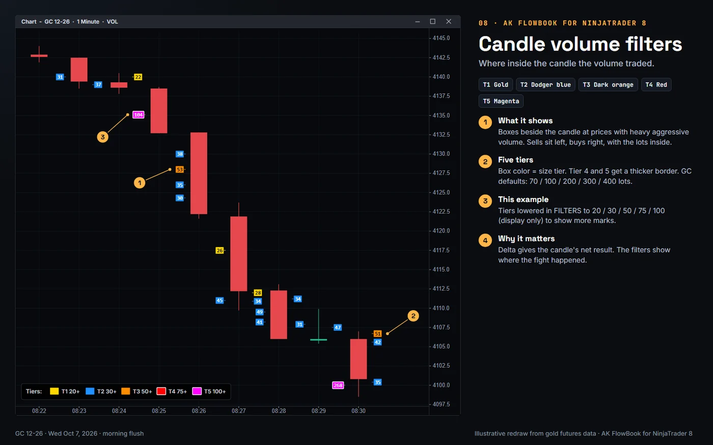 Candle volume filters: AK FlowBook for NinjaTrader 8, real gold futures example