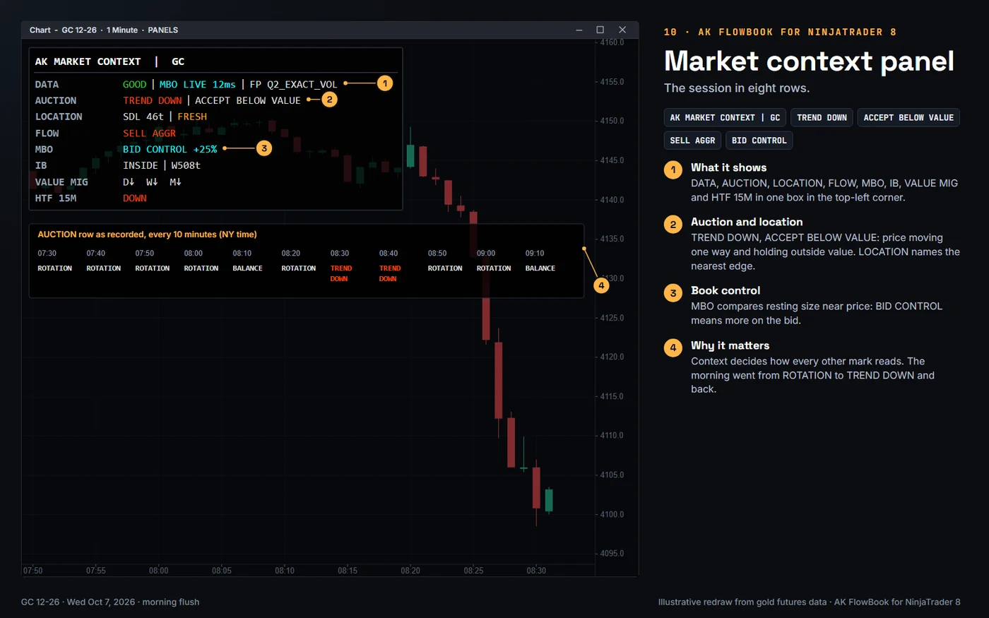 Market context panel: AK FlowBook for NinjaTrader 8, real gold futures example