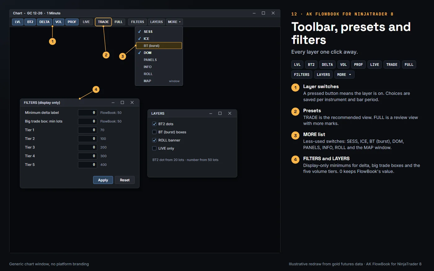 Toolbar, presets and filters: AK FlowBook for NinjaTrader 8, real gold futures example